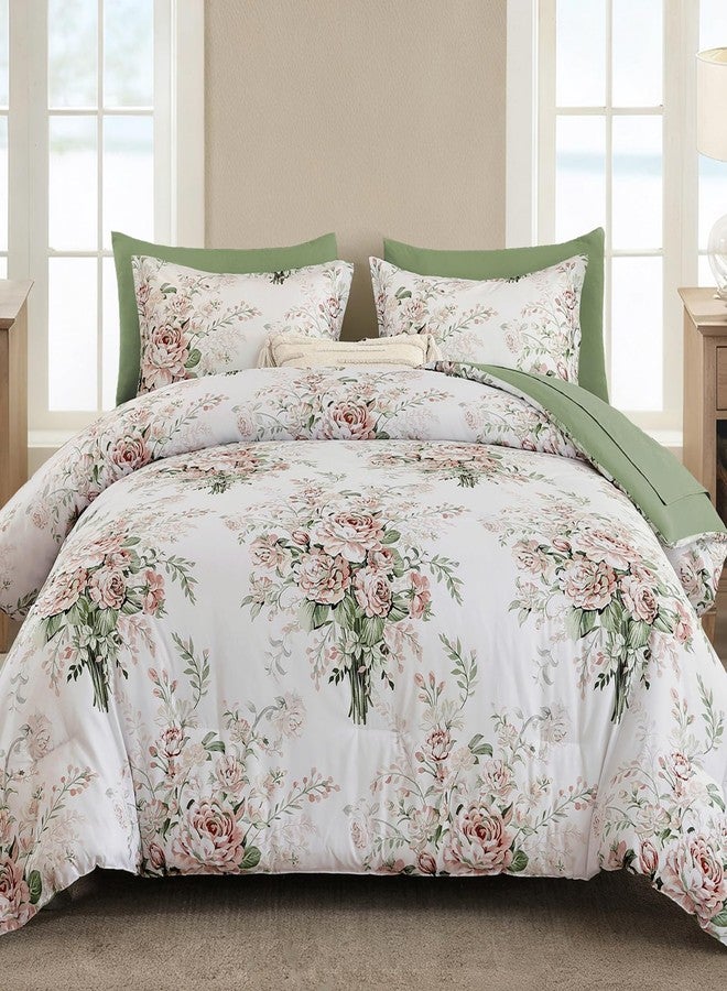 Anibedding طقم لحاف أنيبيدين من 7 قطع، بنقشة زهور وردية، مقاس كوين، مصنوع من ألياف دقيقة ناعمة، أبيض ووردي، طقم لحاف مع ملاءات مناسب لجميع الفصول - Image 1