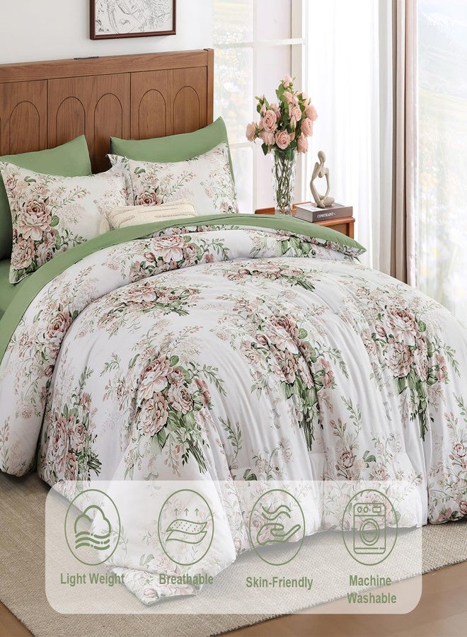 Anibedding طقم لحاف أنيبيدين من 7 قطع، بنقشة زهور وردية، مقاس كوين، مصنوع من ألياف دقيقة ناعمة، أبيض ووردي، طقم لحاف مع ملاءات مناسب لجميع الفصول - Image 3