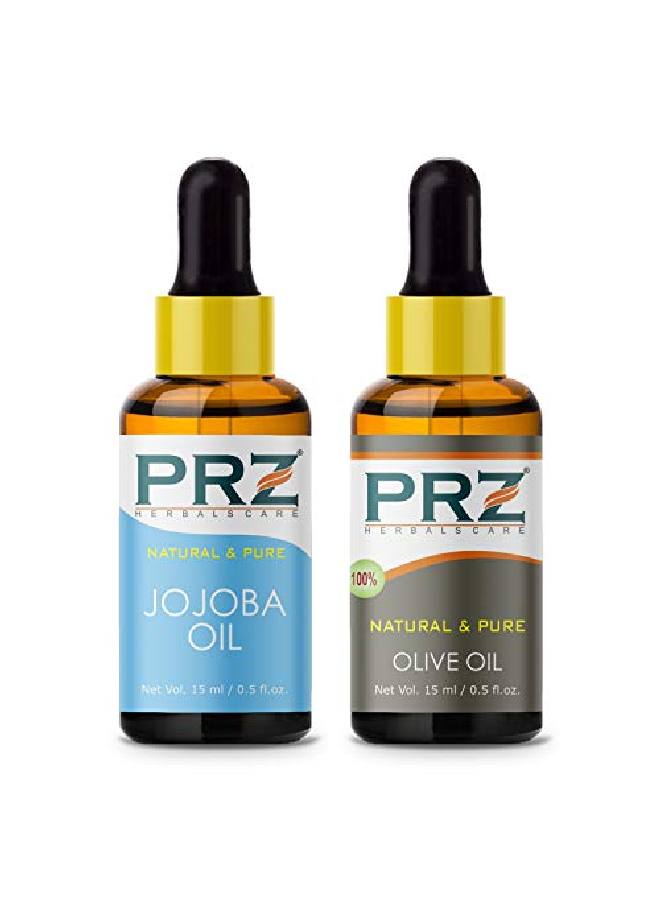 PRZ Combo of Cold Pressed Jojoba & Olive Carrier Oil 100% Pure l & Therapeutic Grade Oil for Aromatherapy Body Massage Skin Care & Hair Growth (15ML Each) - Image 1
