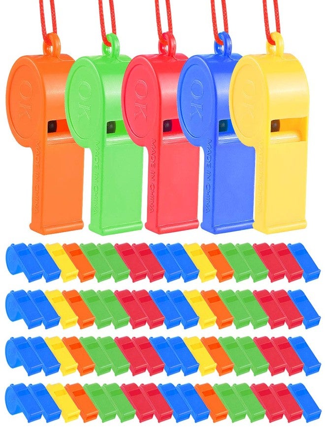 WSYUB 72Pcs Plastic Whistles, Bulk Whistles, Training Sports Whistles with Lanyard, Loud Toys Whistles for Kids Christmas Birthday Party Goody Bag Fillers Games Survival Emergency, 5 Brilliant Colors - Image 1