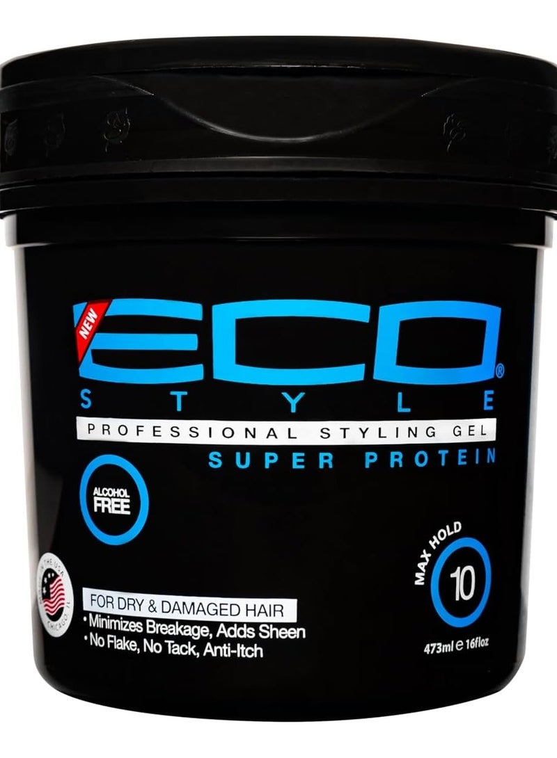 إيكو ستايل جل تصفيف الشعر إيكو ستايل سوبر بروتين 16 أونصة - جل مقوي وخالٍ من الكحول، يحافظ على أقصى قدر من الثبات للشعر الجاف والتالف