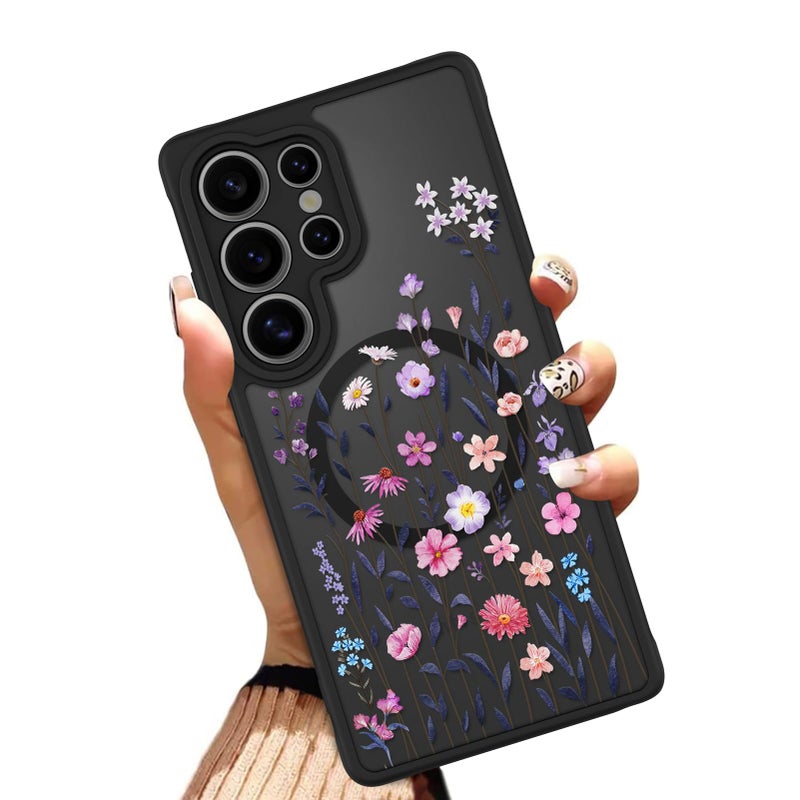 OOK Case Fit for Samsung Galaxy S25 Ultra 6.9 Inch (Wireless Charging Compatible) Floral Flowers Translucent Phone Cover Soft TPU + Hard PC Anti-Scratch Shockproof Magnetic Case for Women - Image 1
