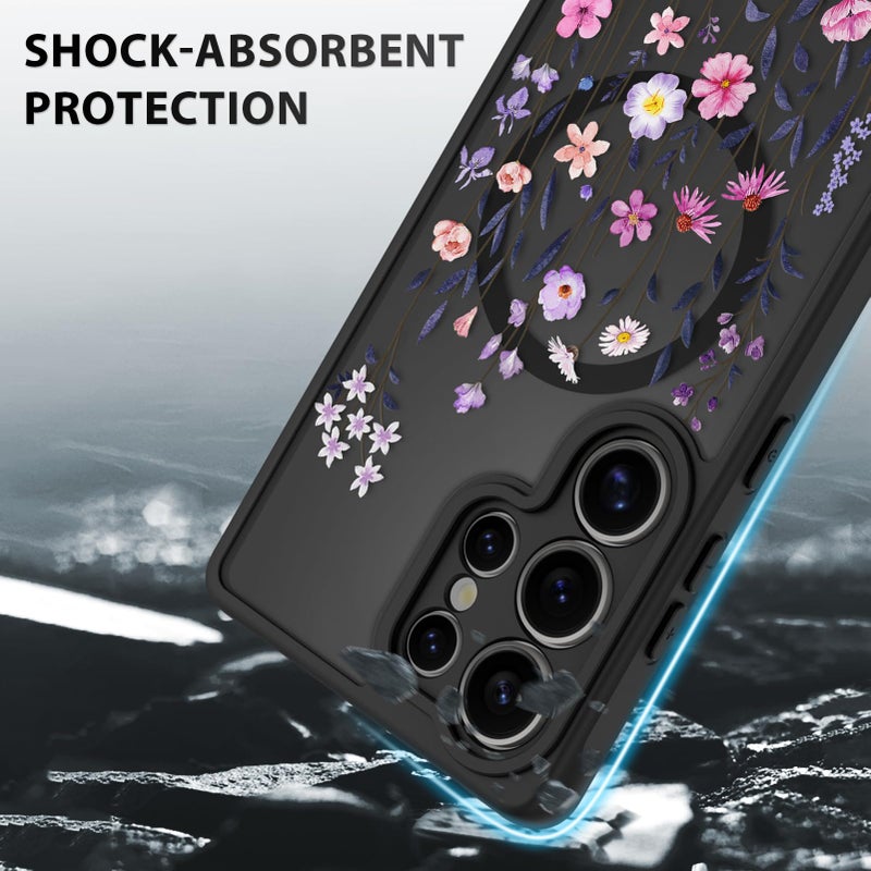 OOK Case Fit for Samsung Galaxy S25 Ultra 6.9 Inch (Wireless Charging Compatible) Floral Flowers Translucent Phone Cover Soft TPU + Hard PC Anti-Scratch Shockproof Magnetic Case for Women - Image 4