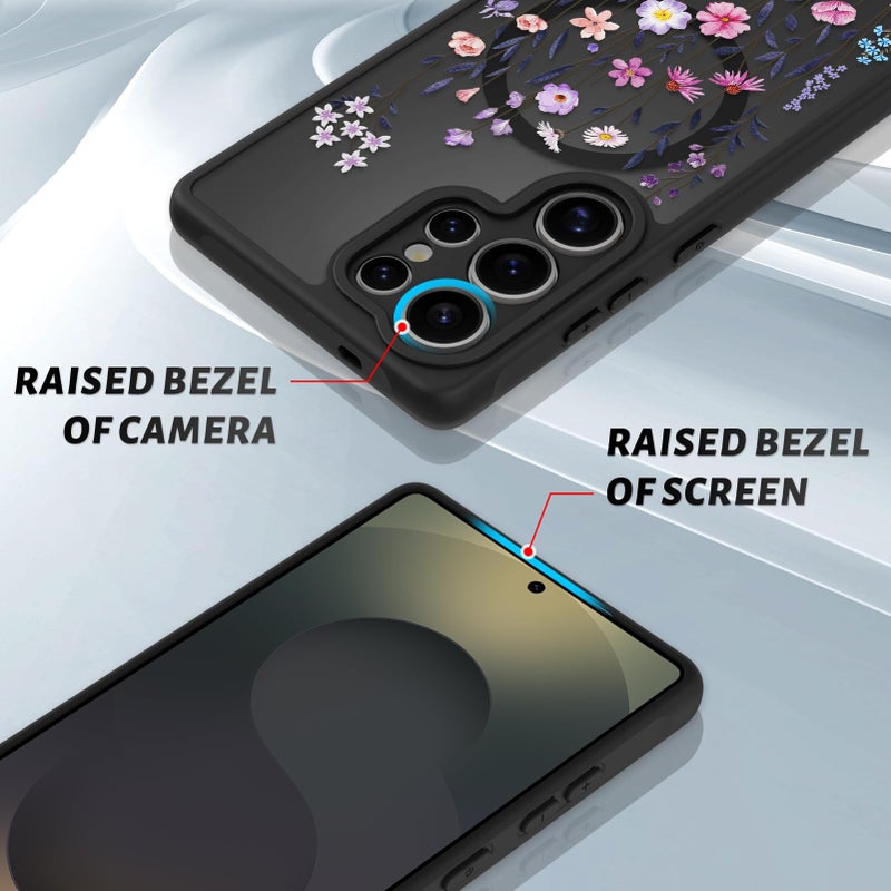 OOK Case Fit for Samsung Galaxy S25 Ultra 6.9 Inch (Wireless Charging Compatible) Floral Flowers Translucent Phone Cover Soft TPU + Hard PC Anti-Scratch Shockproof Magnetic Case for Women - Image 3
