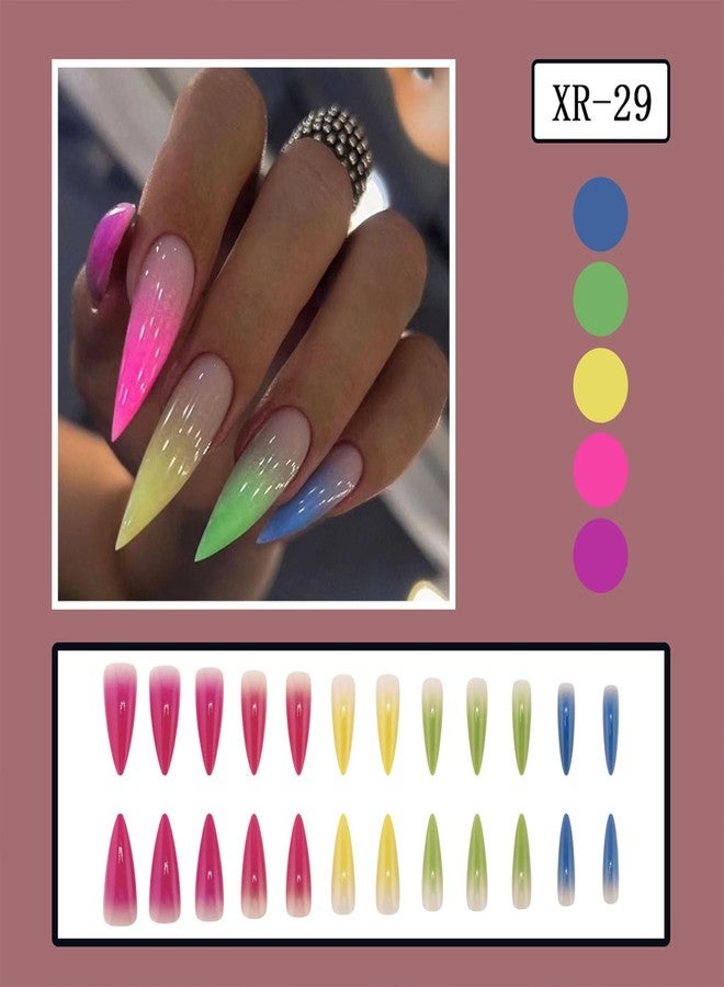 NICENEEDED 24 PCS Long Stiletto Press on Nails, Gradient Colorful French False Nail with Spring Summer Design, Plastic Glossy Full Cover Nail for Women Manicure Art Halloween - Image 3