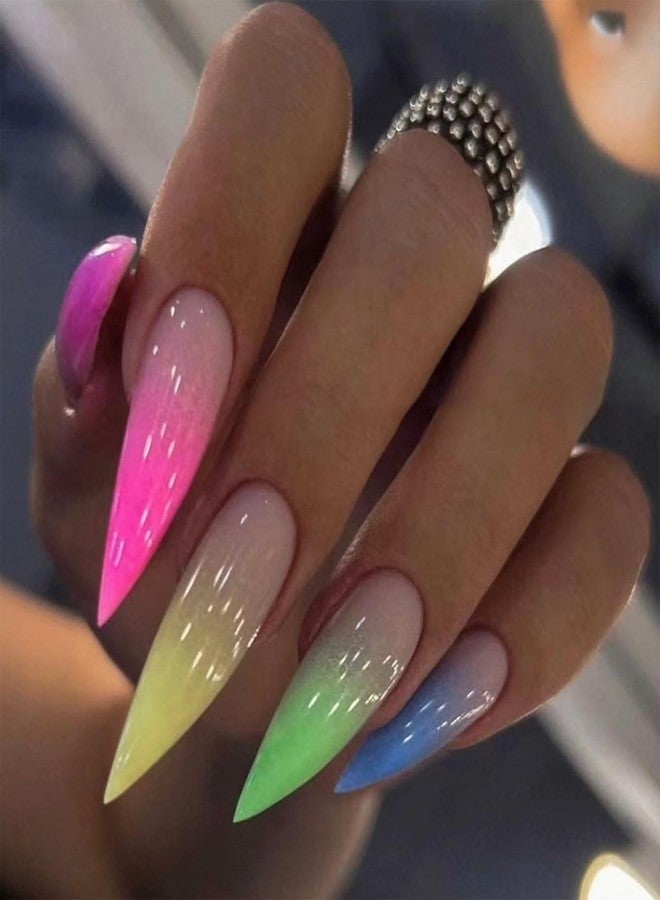 NICENEEDED 24 PCS Long Stiletto Press on Nails, Gradient Colorful French False Nail with Spring Summer Design, Plastic Glossy Full Cover Nail for Women Manicure Art Halloween - Image 1
