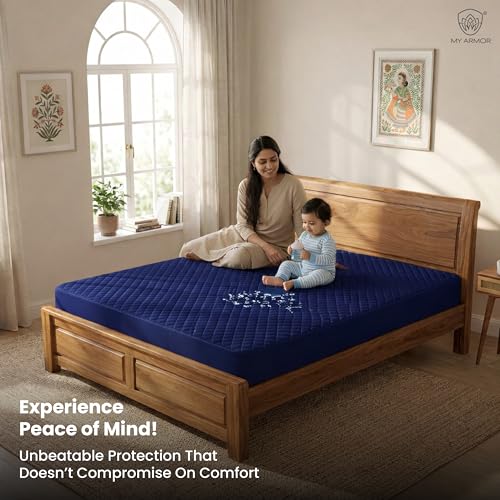 MY ARMOR Waterproof Soft Mattress Cover Twin Size 72x60 Inch, Quilted Cotton Cover, Breathable Noiseless Ultra Soft Bed Protector with Elastic Skirting (6x5 ft, Twin) – Navy Blue - Image 3