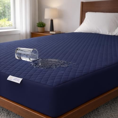MY ARMOR Waterproof Soft Mattress Cover Twin Size 72x60 Inch, Quilted Cotton Cover, Breathable Noiseless Ultra Soft Bed Protector with Elastic Skirting (6x5 ft, Twin) – Navy Blue - Image 1
