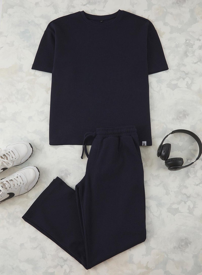 trendyol Indigo Oversize/Wide Cut Textured Tracksuit Set Tmnss25Em00010 - Image 1