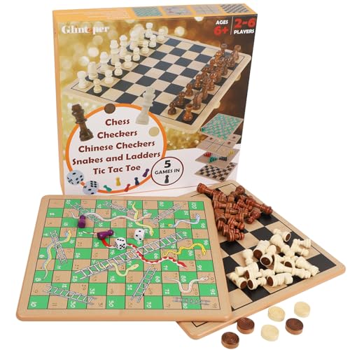 Glintoper 5in1 Wooden Board Game with 2 Reversible Boards for Chess Checkers Chinese Checkers Snakes and Ladders Tic Tac Toe Tabletop Combo Classic Portable Board Games for Kids to Adult - Image 5