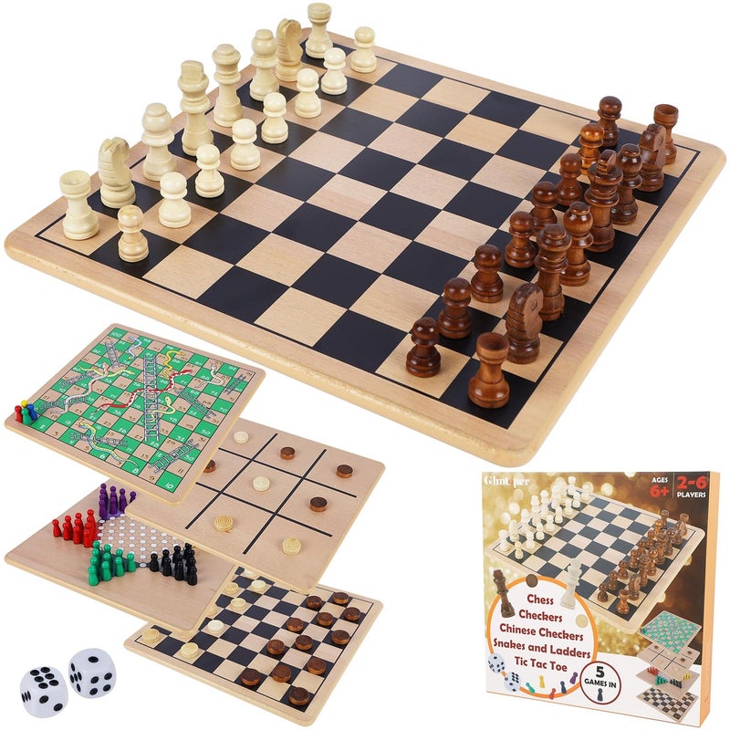 Glintoper 5in1 Wooden Board Game with 2 Reversible Boards for Chess Checkers Chinese Checkers Snakes and Ladders Tic Tac Toe Tabletop Combo Classic Portable Board Games for Kids to Adult - Image 3