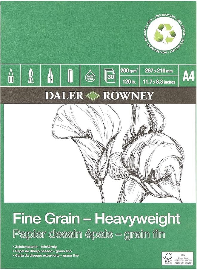 Daler Rowney - Daler Rowney Fine Grain Lightly Textured 200gsm A4 Eco-Friendly Drawing Paper Pad, Glued 1 Side, 30 White Heavyweight 30 Sheets, Ideal for Professional Artists & Students - Image 1