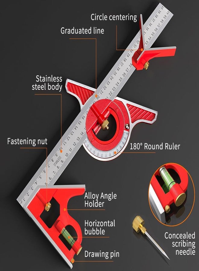 BAUSATZ Combination Square 400mm Carpenter Square Woodworking Square Ruler Protractor Angle Finder Combo Square Tool 180° Angle Ruler Carpenter Tool Combination Square Set with Bubble Level - Image 2