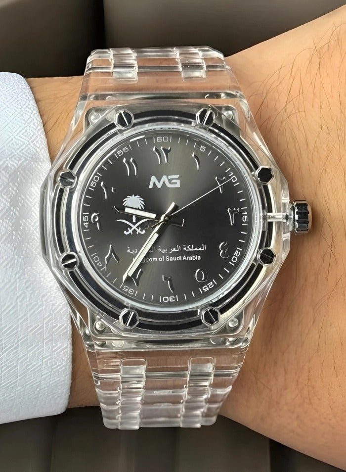 MG Men's transparent wristwatch, Arabic numerals, royal GREY color, elegant and luxurious National Day edition.