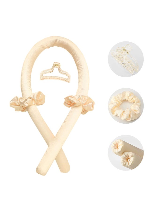 4 Piece Heatless Curling Rod Headband No Heat Silk Ribbon Curling Rod Hair Roller Curls with Hair Claw Clip Lazy Natural Soft Wave DIY Hair Rollers Styling Tool for Sleep in Overnight (Gold) - Image 1