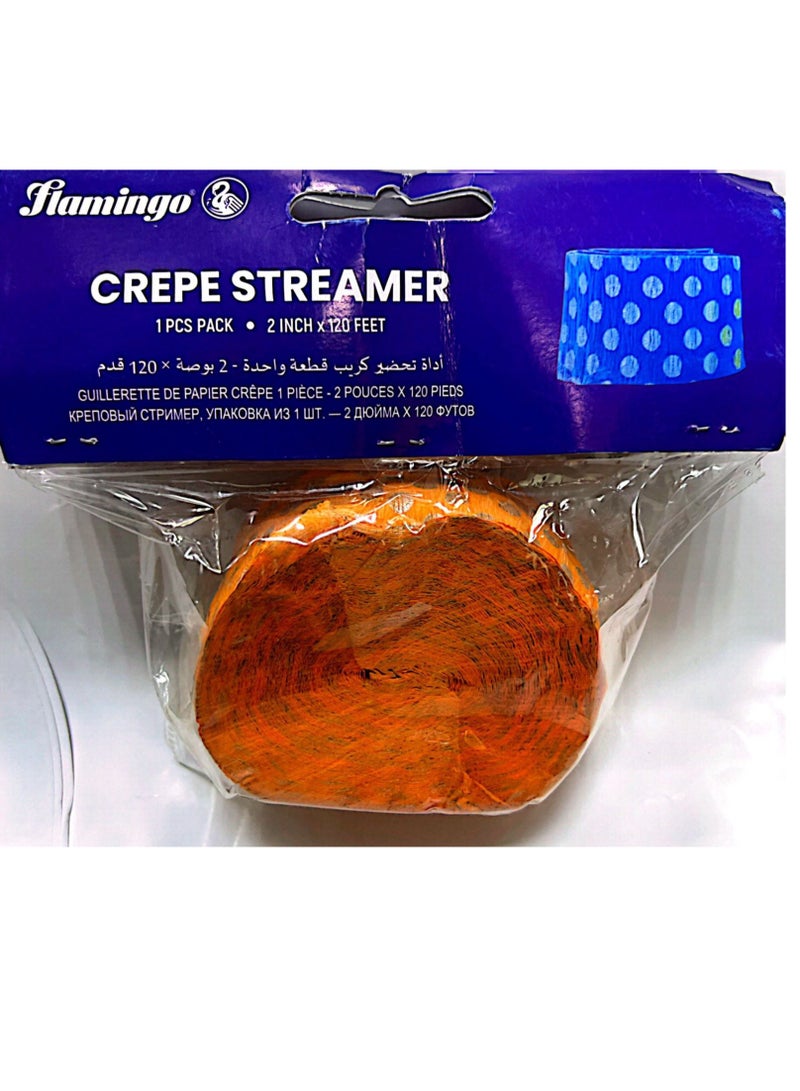 Cلفة ورق كريب ستريمر مقاس 2 بوصة × 120 قدم، لون برتقالي وفضي - Image 1