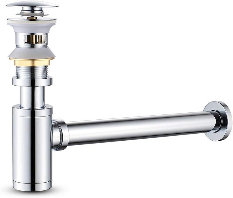 MENATT Bottle Trap Deodorant Type with 1 1/4" Pop-up Drain Stopper, Round P-Trap Waste Pipe Kit Assembly, Bathroom Sink Siphon Drainer Plumbing Tube Chrome Finished - Image 1