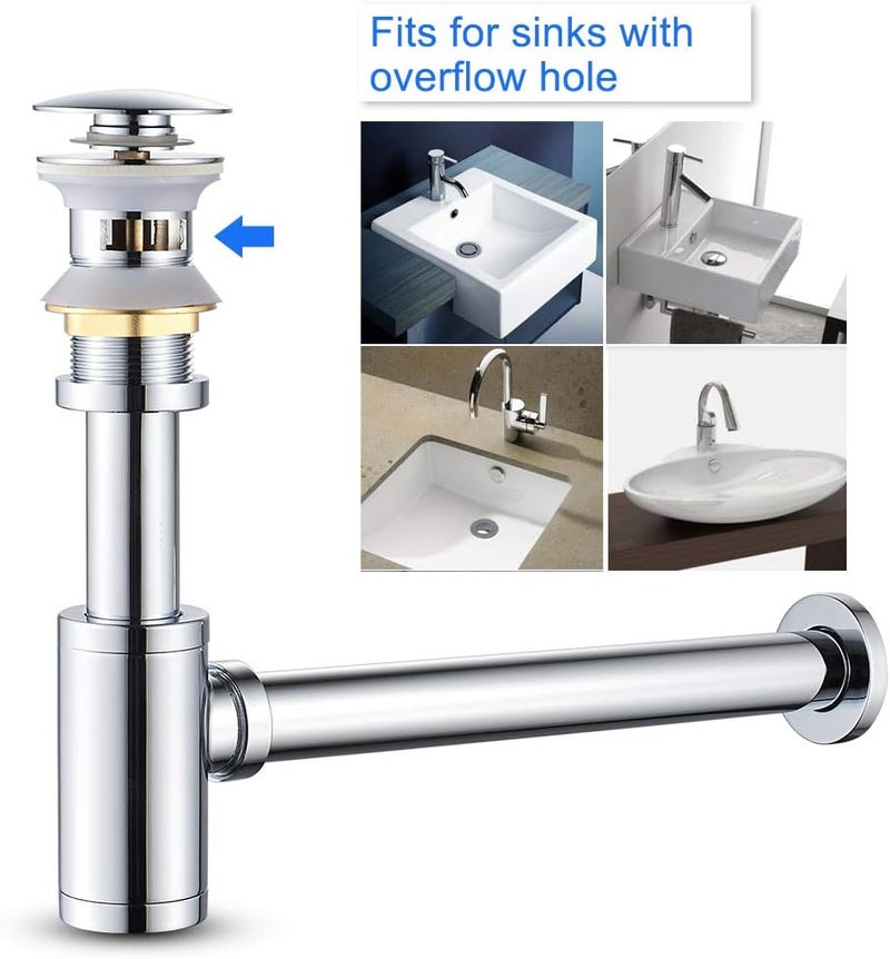 MENATT Bottle Trap Deodorant Type with 1 1/4" Pop-up Drain Stopper, Round P-Trap Waste Pipe Kit Assembly, Bathroom Sink Siphon Drainer Plumbing Tube Chrome Finished - Image 2