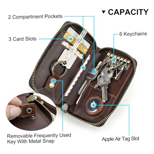 CONTACTS حامل مفاتيح آير تاج من جلد كامل الحبة مع سحاب مضاد للفقد، صغير الحجم، محفظة مفاتيح السيارة مع تقنية حجب RFID، 6 خطافات مفاتيح، 1 حلقة مفاتيح، 5 فتحات بطاقات - Image 4