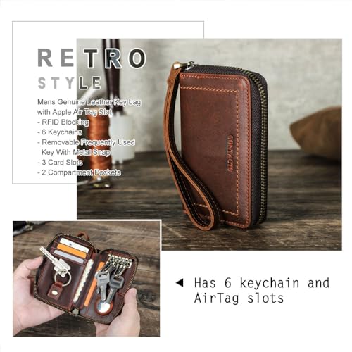 CONTACTS حامل مفاتيح آير تاج من جلد كامل الحبة مع سحاب مضاد للفقد، صغير الحجم، محفظة مفاتيح السيارة مع تقنية حجب RFID، 6 خطافات مفاتيح، 1 حلقة مفاتيح، 5 فتحات بطاقات - Image 2