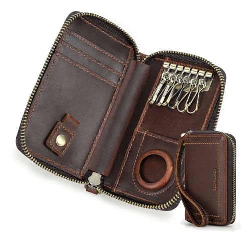 CONTACTS حامل مفاتيح آير تاج من جلد كامل الحبة مع سحاب مضاد للفقد، صغير الحجم، محفظة مفاتيح السيارة مع تقنية حجب RFID، 6 خطافات مفاتيح، 1 حلقة مفاتيح، 5 فتحات بطاقات - Image 1