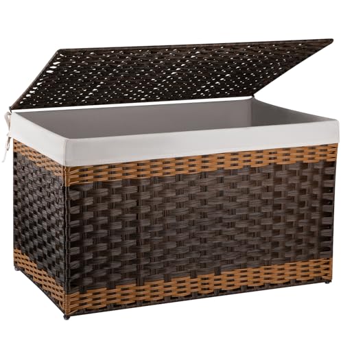 OIAHOMY Storage Basket with Lid 423 Gallon 160L Blanket Basket with Removable Liner Bag Synthetic Wicker Hamper with Handle Foldable Hamper for Living Room Brown
