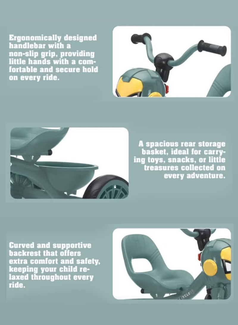 MarkedOne Kids Tricycle - Toddler Tricycle with Footrest for 3+ Years Old - Tricycle for Kids - Smart Plug and Play Kids Tricycle with Music, Light, High backrest & Rear Storage Baskets - Kids Trikes (Green) - Image 2