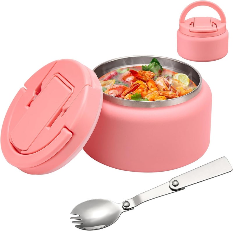 BABHAMNESS 13.5oz Soup Thermo for Hot Food Kids Insulated Vacuum Food Jar with Buckle Lid,Wide Mouth Leakproof Stainless Steel Lunch Container with Spoon-Pink - Image 1