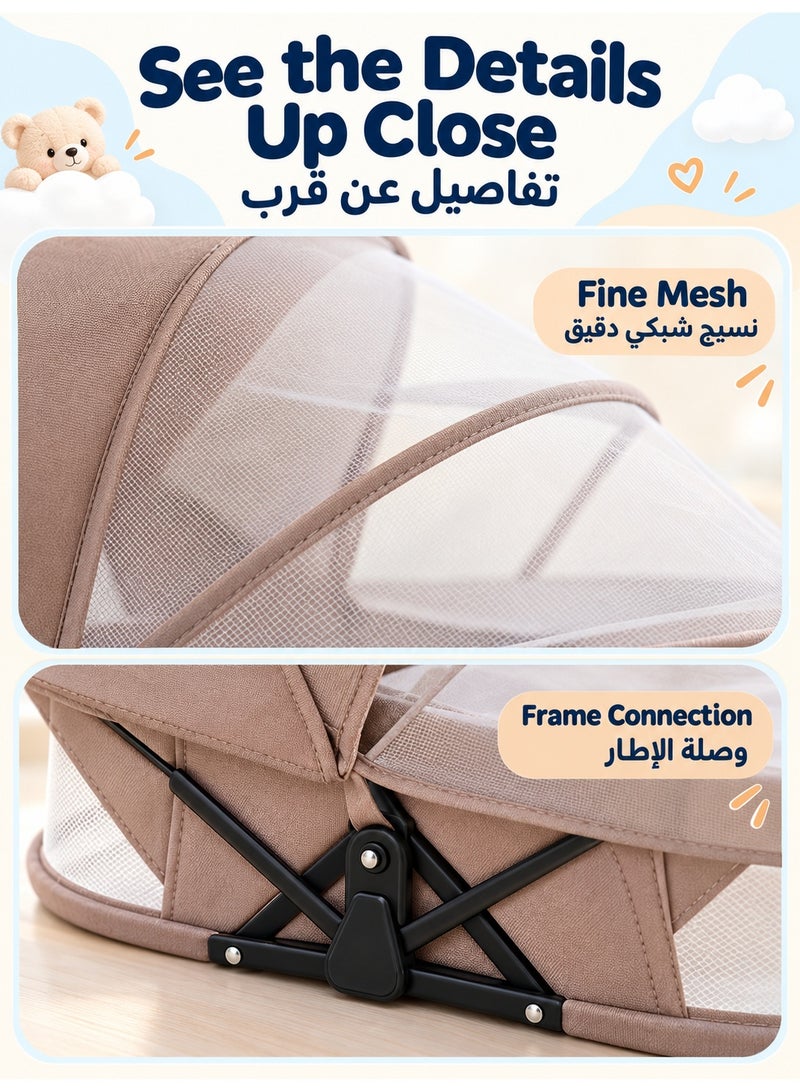 والالا سرير أطفال محمول، مهد سفر قابل للطي لحديثي الولادة، مزود بناموسية تسمح بمرور الهواء، وغطاء واقٍ من الشمس، وبساط تغيير حفاضات مقاوم للماء، وحقيبة للحمل - Image 5