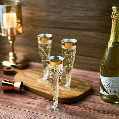 FOCUSLINE 100 Pack Plastic Champagne Flutes, 4.5 Oz Gold Rim Plastic Champagne Glasses, Disposable Clear Toasting Glasses Recyclable Champagne Cups for Wedding Party - Image 3