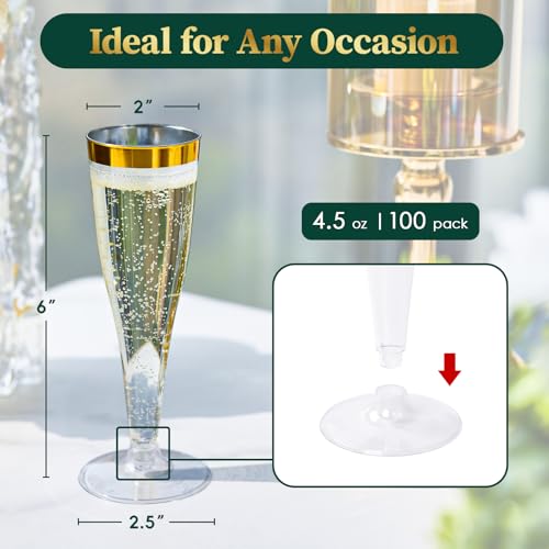 FOCUSLINE 100 Pack Plastic Champagne Flutes, 4.5 Oz Gold Rim Plastic Champagne Glasses, Disposable Clear Toasting Glasses Recyclable Champagne Cups for Wedding Party - Image 2