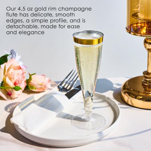 FOCUSLINE 100 Pack Plastic Champagne Flutes, 4.5 Oz Gold Rim Plastic Champagne Glasses, Disposable Clear Toasting Glasses Recyclable Champagne Cups for Wedding Party - Image 4