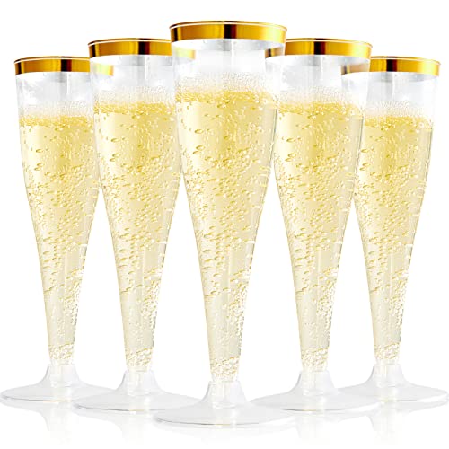 FOCUSLINE 100 Pack Plastic Champagne Flutes, 4.5 Oz Gold Rim Plastic Champagne Glasses, Disposable Clear Toasting Glasses Recyclable Champagne Cups for Wedding Party - Image 1