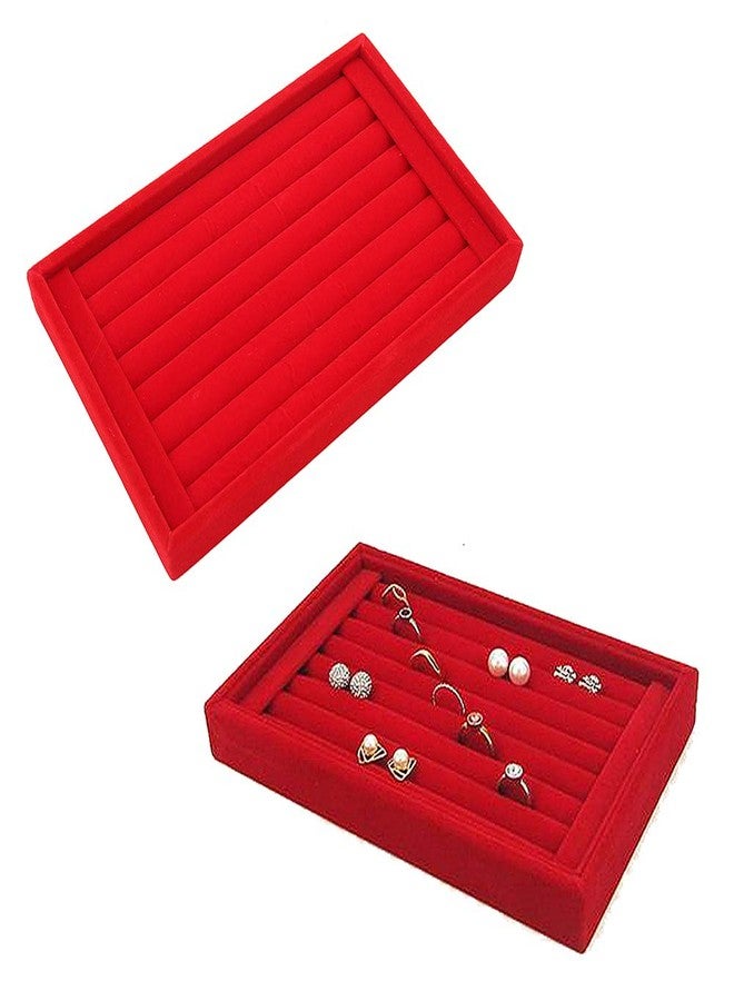 Magik 1-2 Pc Velvet Jewelry Ring Display Organizer Tray Holder Earring Storage Box Case 8.86 * 5.7 * 1.2inch (2, Red) - Image 1
