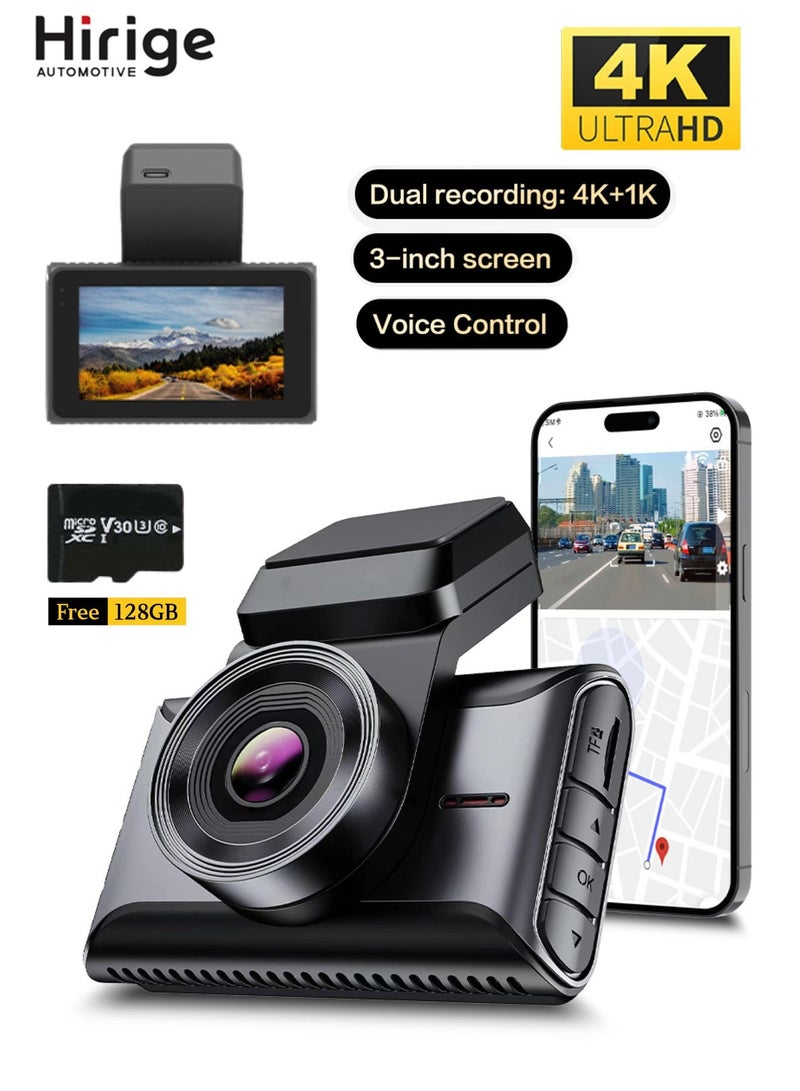 Hirige Automotive S200PRO Dual Dash Cam 4K Front + 1080P Rear, 3" IPS Display, GPS, Wi-Fi App Control, Loop Recording, G-Sensor, Parking Monitor – Free 128GB Card - Image 1