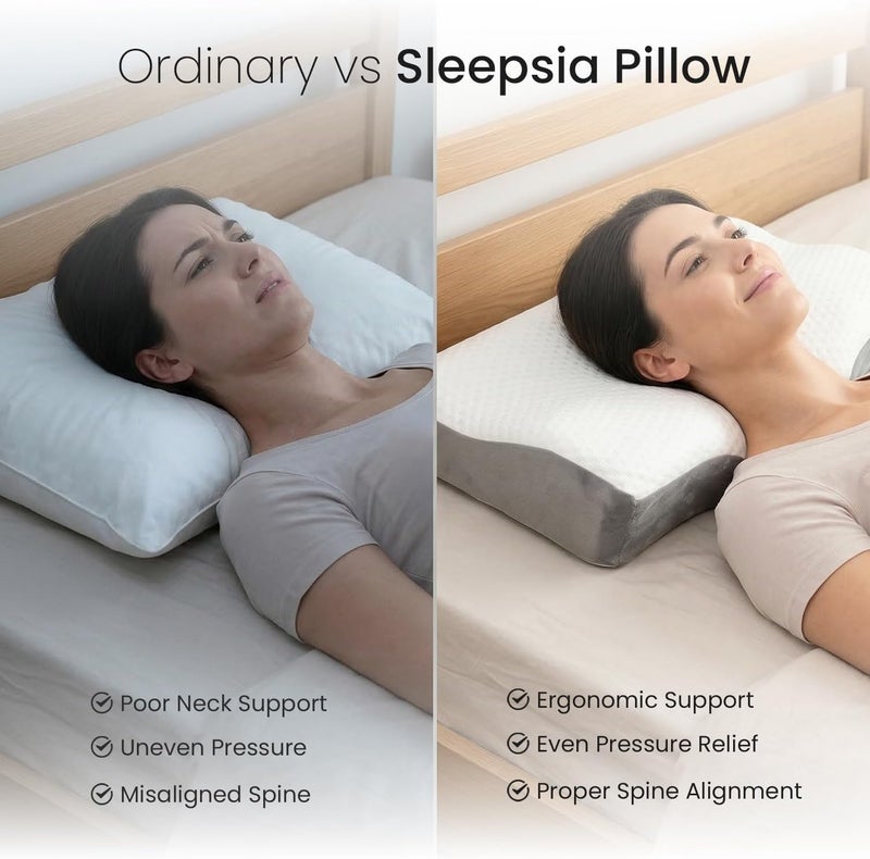 Sleepsia وسادة Sleepsia من الرغوة الذاكرة | وسادة مخصصة لدعم العمود الفقري العنقي لتخفيف آلام الرقبة والكتفين | وسادة طبية توفر دعمًا إضافيًا للرقبة لمن ينامون على جانبهم أو ظهورهم (رمادي/أبيض) - Image 3
