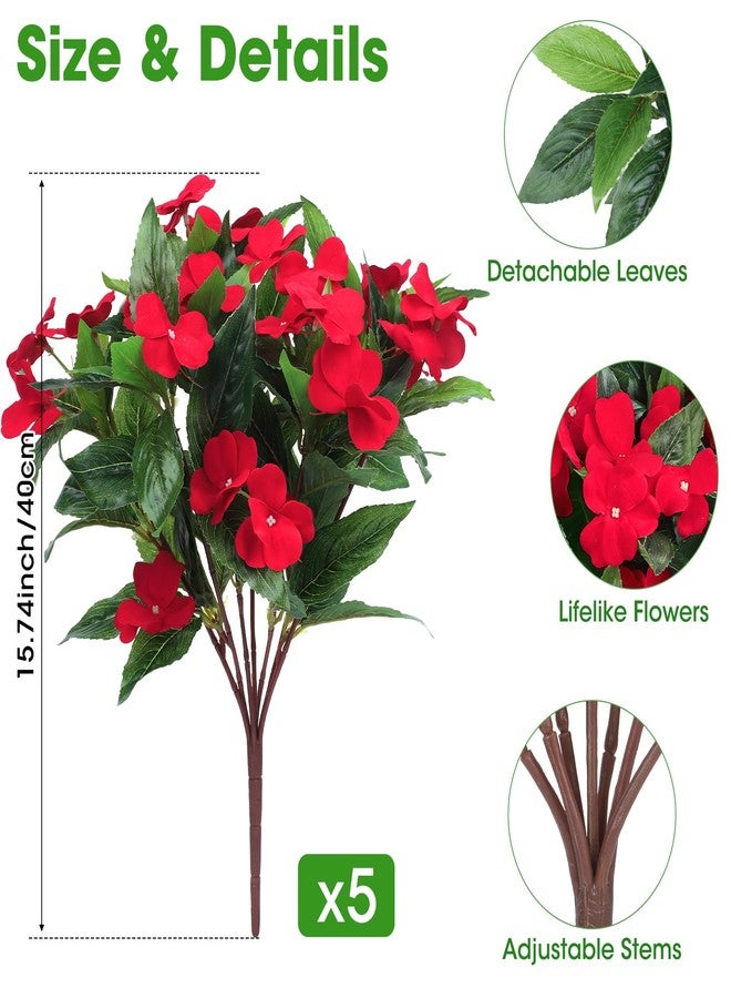 Besteek 5 Pcs Artificial Flowers for Outdoors Silk Impatiens Flowers Bouquet Decorations Fake Faux Plants UV Resistant for Spring Summer Garden Patio Porch Window Box Balcony Planters Home, Red - Image 2