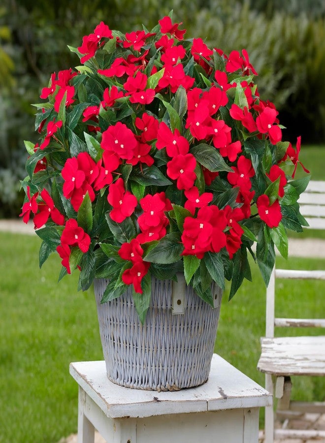 Besteek 5 Pcs Artificial Flowers for Outdoors Silk Impatiens Flowers Bouquet Decorations Fake Faux Plants UV Resistant for Spring Summer Garden Patio Porch Window Box Balcony Planters Home, Red - Image 1