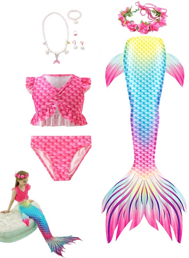 VUCATIN Mermaid Princess Dress up Girls Mermaid Dress Mermaid Swimsuit Girls Party Cosplay Princess Birthday Dress Kids Costume Cosplay Mermaid Skirt Accessorized Wreath Necklace Earrings and Bracelet (GB72) - Image 1
