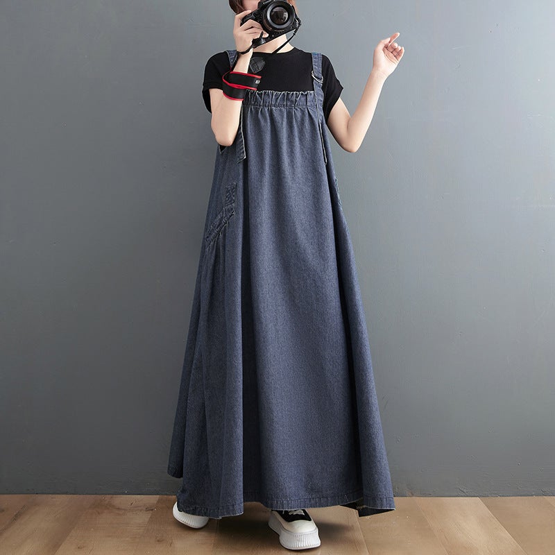 Loose Slimming Denim Halter Dress Korean Style Midi Skirt Womens Fashion Spring Summer Gown with Pockets Artistic Retro Style Blue 