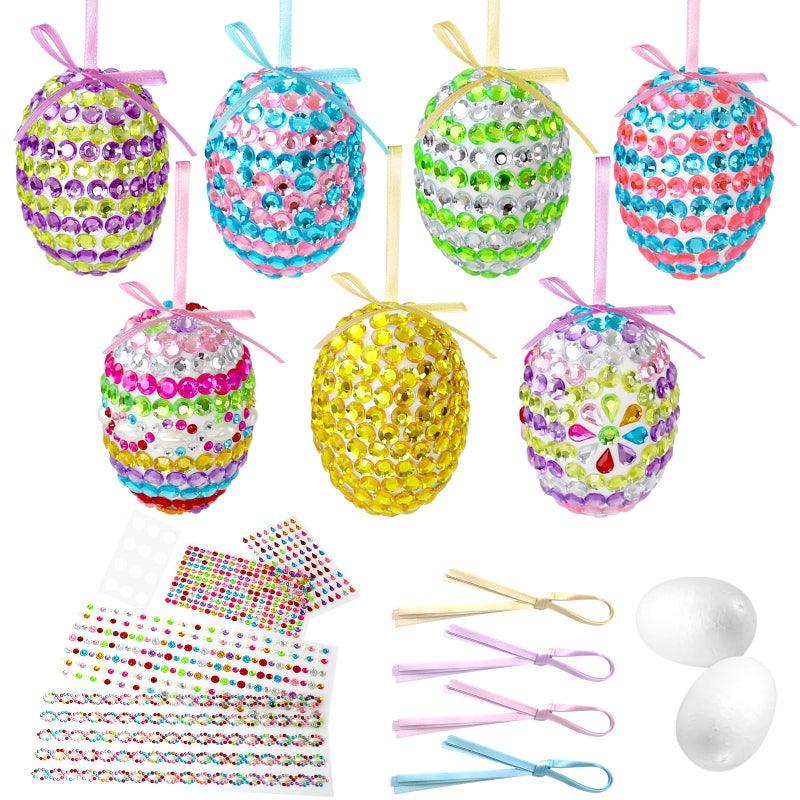 fethwoin 16PCS Easter Tree Ornaments, Foam Easter Eggs Hanging Decorations Craft Kit, DIY Glitter Gem Eggs with Ribbons for Basket Stuffers Fillers & Home Decor Party Favors - Image 1