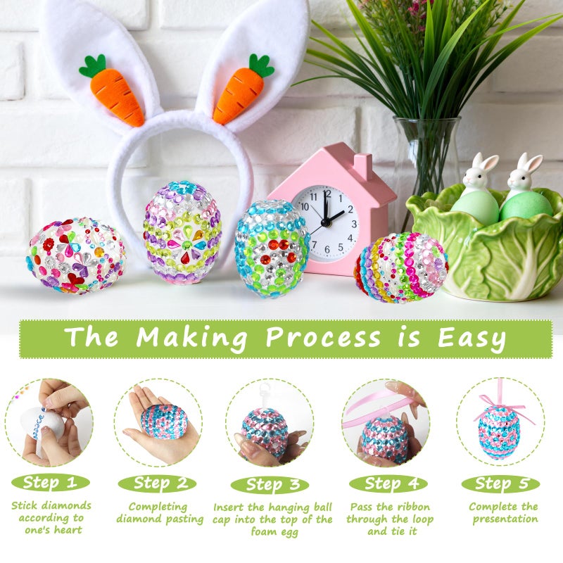 fethwoin 16PCS Easter Tree Ornaments, Foam Easter Eggs Hanging Decorations Craft Kit, DIY Glitter Gem Eggs with Ribbons for Basket Stuffers Fillers & Home Decor Party Favors - Image 4