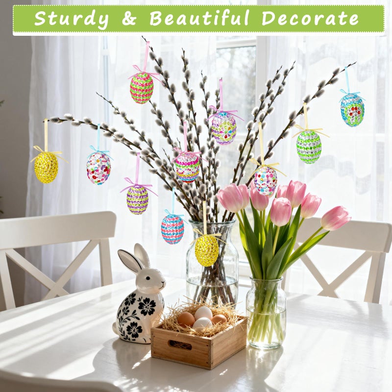 fethwoin 16PCS Easter Tree Ornaments, Foam Easter Eggs Hanging Decorations Craft Kit, DIY Glitter Gem Eggs with Ribbons for Basket Stuffers Fillers & Home Decor Party Favors - Image 3