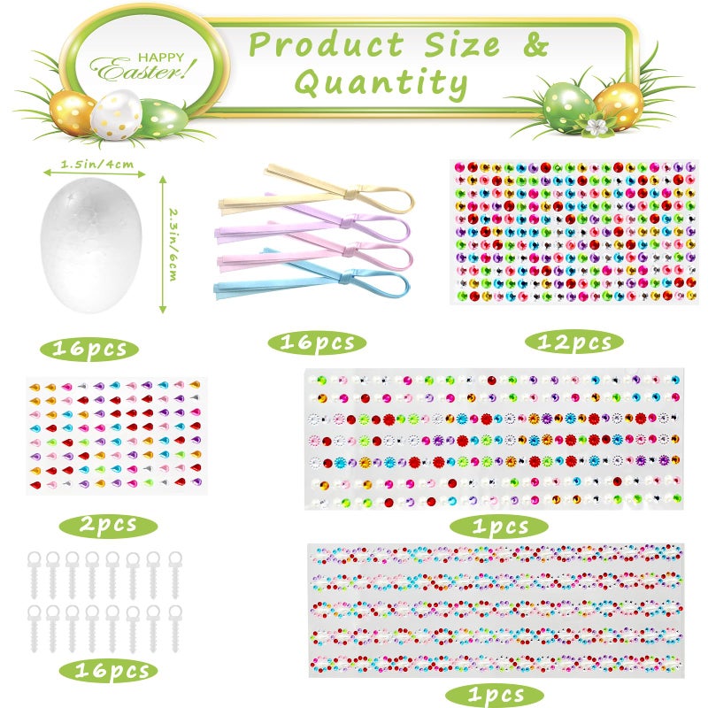 fethwoin 16PCS Easter Tree Ornaments, Foam Easter Eggs Hanging Decorations Craft Kit, DIY Glitter Gem Eggs with Ribbons for Basket Stuffers Fillers & Home Decor Party Favors - Image 2