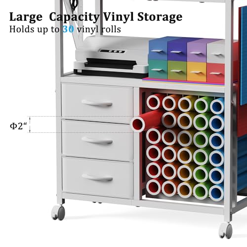 Jchccu 30 Vinyl Roll Holders for Cricut Cart, Rolling Craft Cart with 3 Fabric Drawer, Craft Organization and Storage Compatible with Cricut Maker Machine, Crafting Table Workstation, White, Patent Pending - Image 5