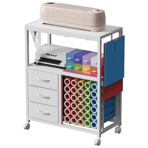 Jchccu 30 Vinyl Roll Holders for Cricut Cart, Rolling Craft Cart with 3 Fabric Drawer, Craft Organization and Storage Compatible with Cricut Maker Machine, Crafting Table Workstation, White, Patent Pending - Image 1