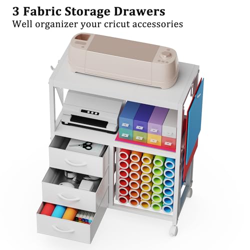 Jchccu 30 Vinyl Roll Holders for Cricut Cart, Rolling Craft Cart with 3 Fabric Drawer, Craft Organization and Storage Compatible with Cricut Maker Machine, Crafting Table Workstation, White, Patent Pending - Image 3