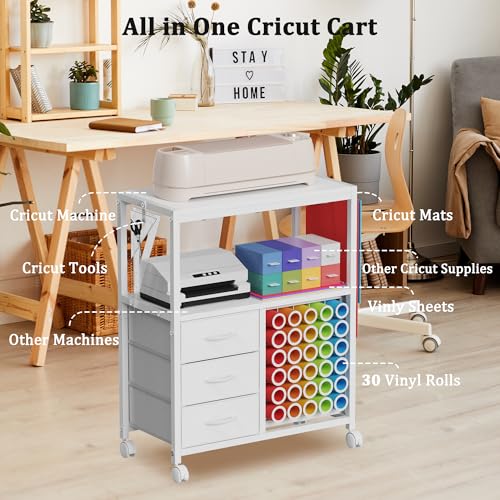 Jchccu 30 Vinyl Roll Holders for Cricut Cart, Rolling Craft Cart with 3 Fabric Drawer, Craft Organization and Storage Compatible with Cricut Maker Machine, Crafting Table Workstation, White, Patent Pending - Image 2