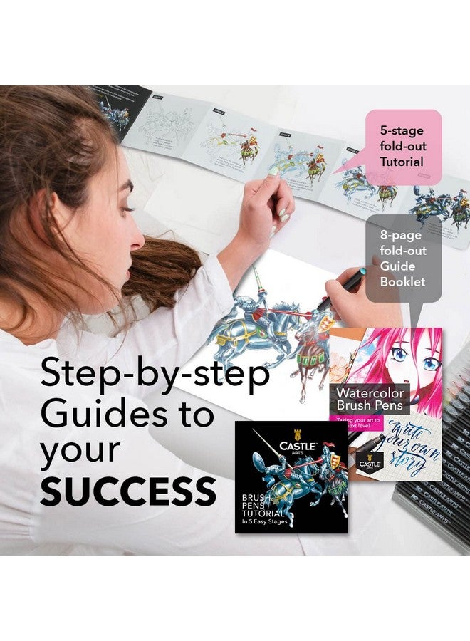 Castle Art Supplies Watercolor Brush Pens Set | 24 Lively Colors, With Flexible Nylon Tips | For Adult Coloring,Painting, Lettering - Artists And Beginners | Travel Case With Extra Water Brush Pen - Image 5