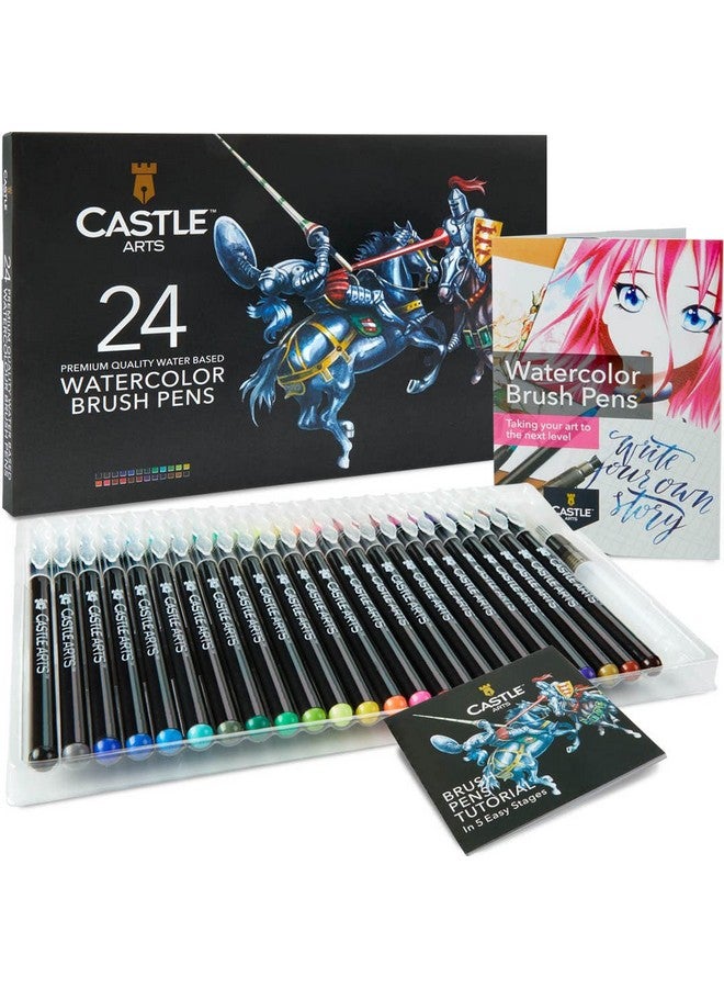 Castle Art Supplies Watercolor Brush Pens Set | 24 Lively Colors, With Flexible Nylon Tips | For Adult Coloring,Painting, Lettering - Artists And Beginners | Travel Case With Extra Water Brush Pen - Image 1
